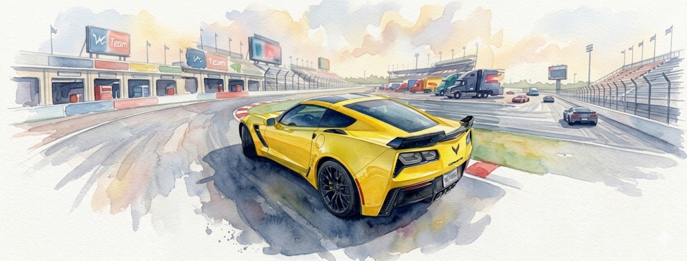 Yellow Corvettezilla on the open road
